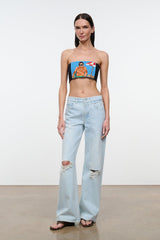 Black strapless tube top with colorful portrait graphic front