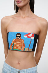 Black strapless tube top with multicolor artwork graphic and printed figures