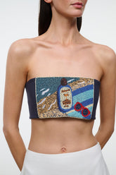 Strapless tube top with colorful graphic patch on navy band