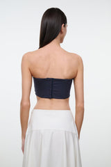 Back view strapless tube top, dark navy with straight bandeau seam