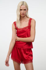 Tomato red silk cami top with scalloped lace scoop neckline and lace-trim straps