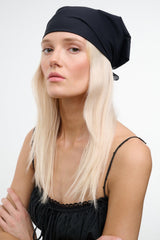 Black headscarf with gathered top and side drape