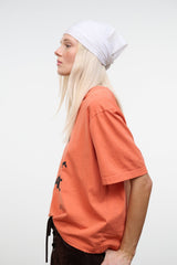 Ivory headscarf wrap cap covering hair, smooth fabric with side fold