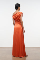 Orange silk maxi dress with one-shoulder style and ruched back