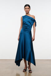 Teal-blue silk one-shoulder midi dress with ruched waist, side drape, asym hem
