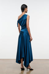 Teal-blue one-shoulder silk dress with open back drape and asymmetrical high-low hem