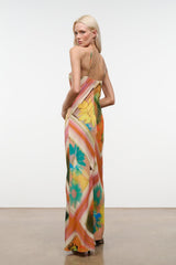Backless maxi halter dress with multicolor floral geometric print and thin straps