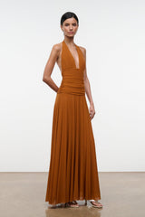 ALESSANDRA halter maxi dress in cocoa-butter brown with ruched waist and flowing pleats