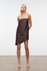Dark brown strapless silk dupioni top with gathered neckline and asymmetrical hem
