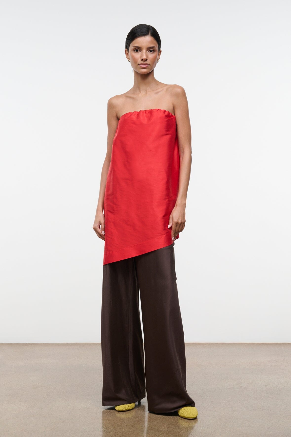 Convertible silk dupioni top, strapless red bandeau with smocked top and angled asymmetrical hem