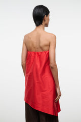 Convertible silk dupioni top back view, strapless red bandeau with asymmetric lower edge