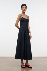 Black midi dress with spaghetti straps, gathered bust, full skirt