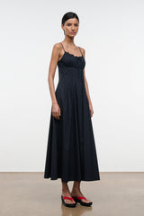 Black midi sundress with spaghetti straps and gathered bodice, flared skirt