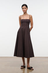 Wylie midi dress with dark stud embellishments and thin straps