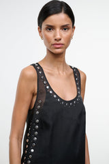 Black sleeveless dress with U-neck and vertical rows of silver-tone studs