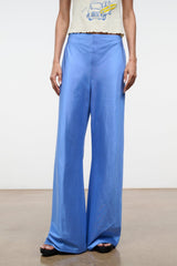 Light blue silk dupioni wide-leg pants with straight drape and side seams