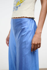 Light blue silk dupioni pants with gathered waistband detail, close view