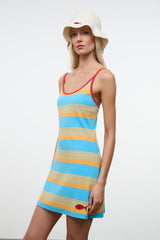 Striped mini tank dress with red trim and small fish logo on hem