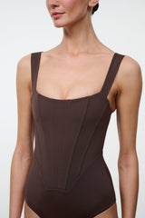 Dark one-piece swimsuit with square neckline and contoured bust seams