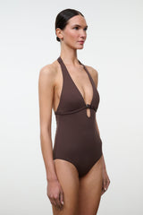 Dark brown halter one-piece swimsuit with cutout ring detail at center chest