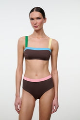 High-rise bikini bottom in dark brown with pink waistband and teal/yellow trim at edges