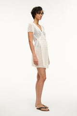 Ivory crochet V-neck coverup dress, short sleeves, side tie detail