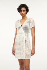 Ivory crochet wrap-style V-neck coverup dress with tie waist