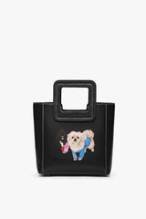 Black mini leather handbag with square handle and embroidered dog applique in blue