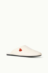 Cream slipper slide with red heart applique and black rubber sole