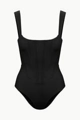 Black one-piece swimsuit with square neckline and fitted corset bodice