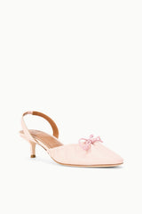 Pink ballet slingback pumps with bow at toe and small heel.