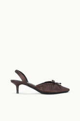 Espresso satin slingback ballet heels with dark bow detail and slim heel