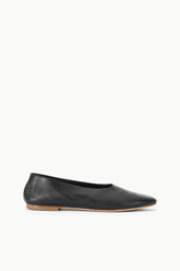 Black ballet flat with rounded toe and tan outsole