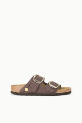 BIRKENSTOCK Arizona slide sandals, dark raffia upper with large metal buckle