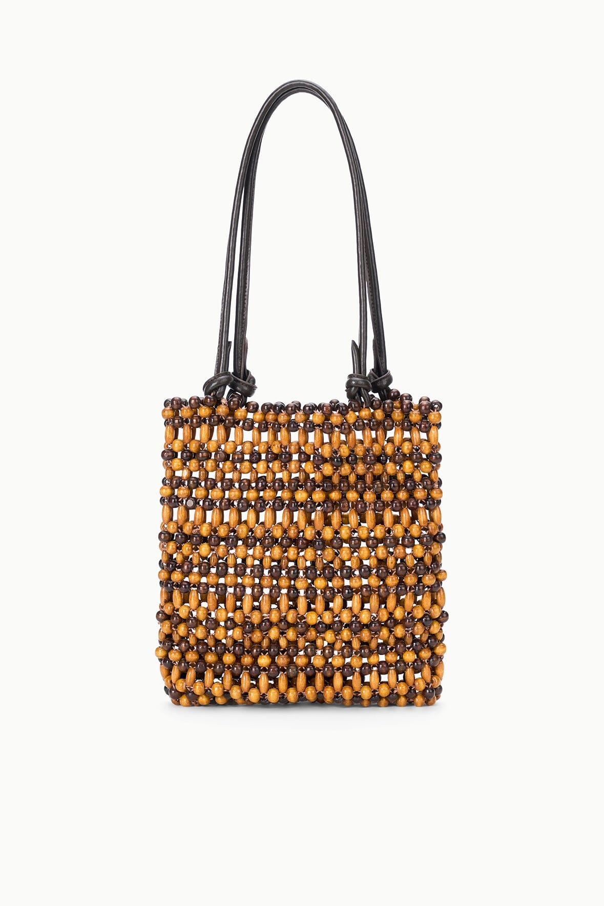 Multi wood beaded mini tote with top handles and dark leather straps