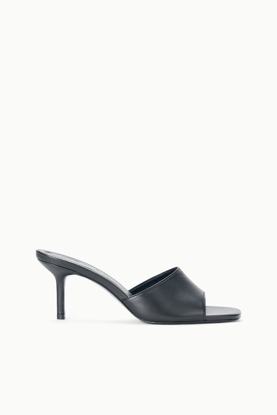 Black leather mule with open toe and slim stiletto heel
