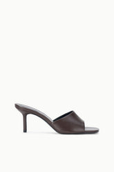 Espresso-brown leather mule with open toe and slim block heel