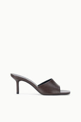 Espresso-brown leather mule with open toe and slim block heel