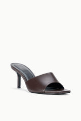 Espresso-brown leather mule slide with open toe and block heel, side view
