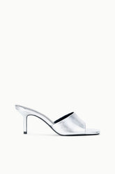 Silver heeled mule sandal with open toe, side view