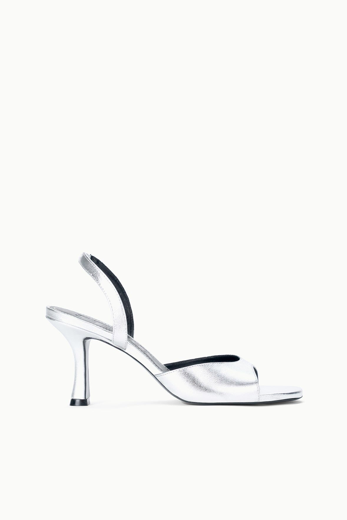 Silver heeled sandal with open toe and slingback strap