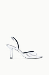 Silver heeled sandal with open toe and slingback strap