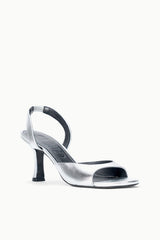 Silver heeled sandal with open toe, slingback strap, and mid-height heel