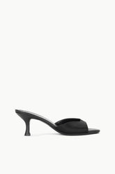 Black satin mule with open toe and sculpted block heel