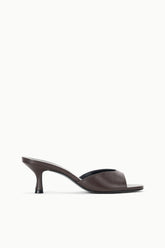 Espresso brown mule sandal with open toe and slim mid heel, side view.