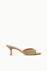 BRIGITTE satin mule, truffle brown open-toe slide with low block heel