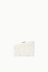 Off-white beaded clutch with allover floral pattern and small top clasp