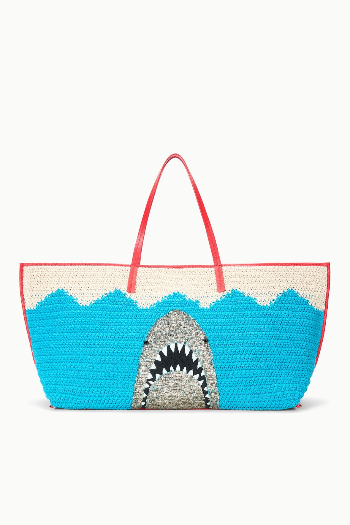 CHRISTOS large tote with woven blue body, red handles, and shark mouth design