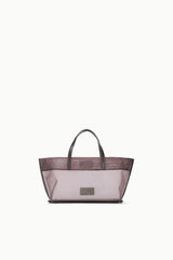 Mini mesh tote with top handles, espresso-brown sheer panels
