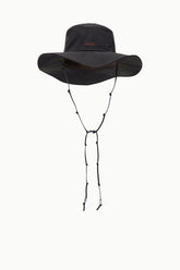 Dark brown bucket hat with chin strap and beaded cord adjusters